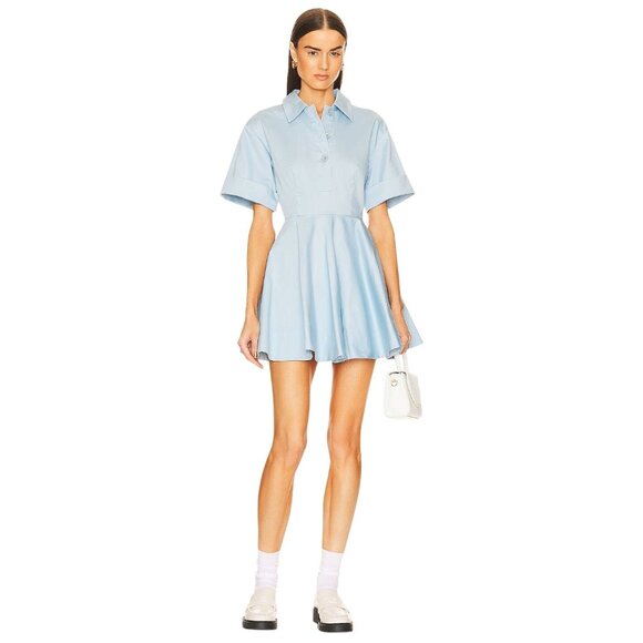 Helsa Stretch Cotton Sateen Shirt Dress in Blue Small Womens Mini Collared - Picture 1 of 11